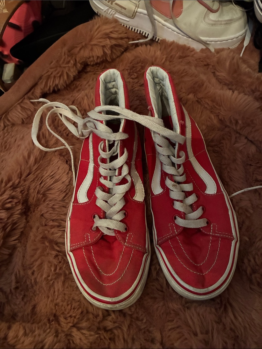 Vans Red High-Top Canvas Sneakers with White Side Stripe - Women's
